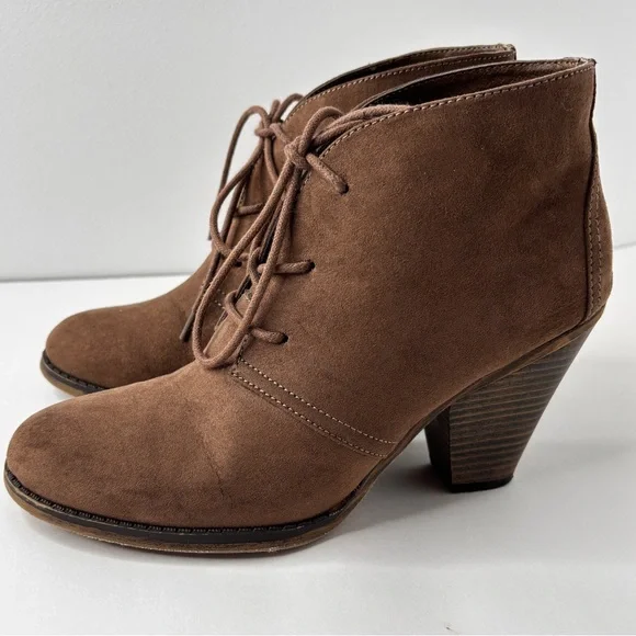 Mia Boots Size 8 M Sean Ankle Bootie Brown Lace Up Round Toe Cone Heels Vegan - Picture 4 of 15